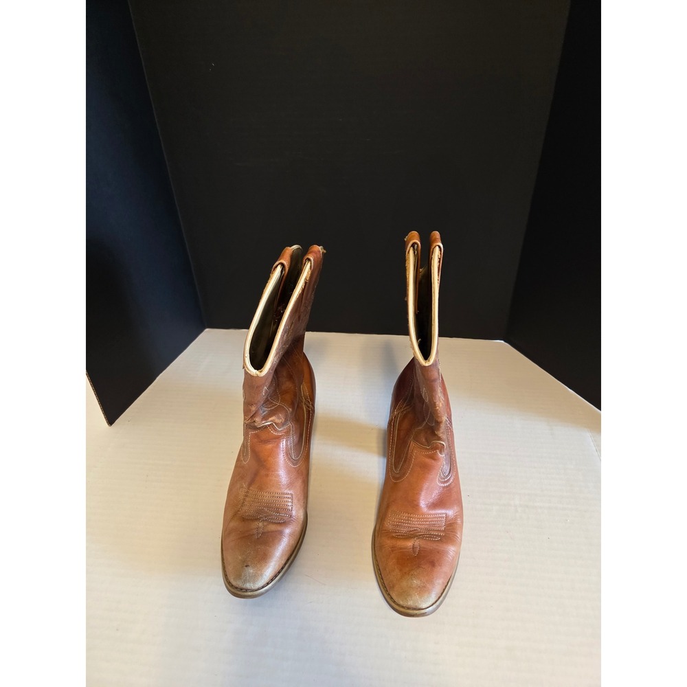 Vintage Western Floral Embroidered Cowboy BootsCognac Leather Block Heel Size 8M